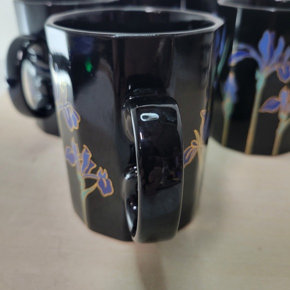 Otagiri Blue Iris Coffee Mugs Set of 5 Black Floral Japan Vintage - Picture 4 of 7